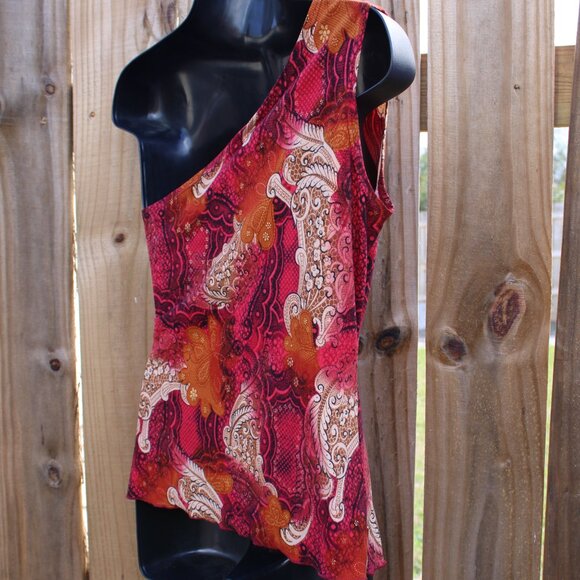 Mode V One Shoulder Paisley Top Red Orange Ruched Side Y2K Size M - Picture 5 of 6
